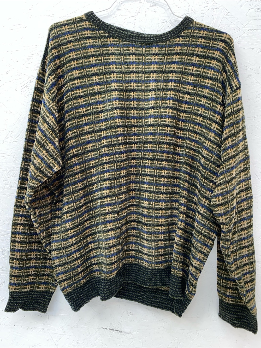 Vintage Jay Brooks Men's Crewneck Plaid Knit Sweater - Green and Tan